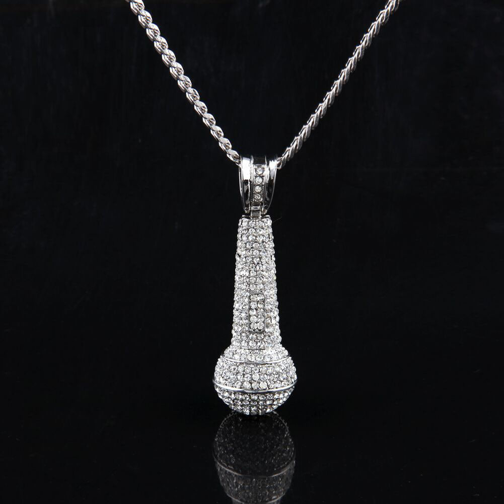 CP1009 Dije De Aleación Enchapada Plateada Micrófono 8Cm + Cadena 70Cm Para Caballero